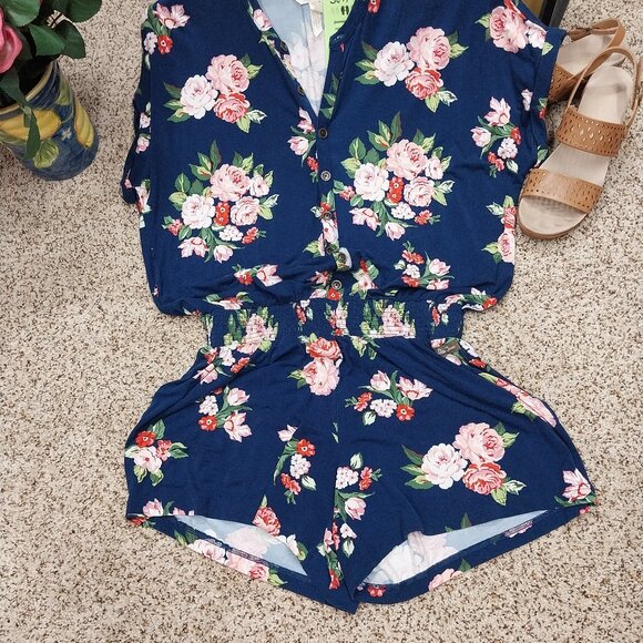 Matilda Jane Pants - 3071 Size Medium Matilda Jane One Piece Romper in Navy Blue and Pink Roses.